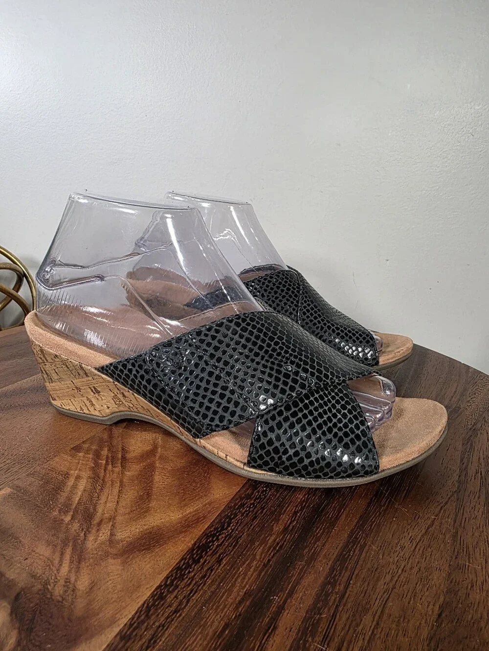 Vionic Leticia Black Snake Print Leather Wedge Slide Sandals Women's Size 7